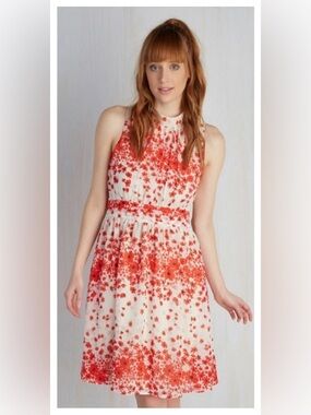 ModCloth Fervour Floral High Neck Sleeveless Red Poppy Dress Wedding Guest Small